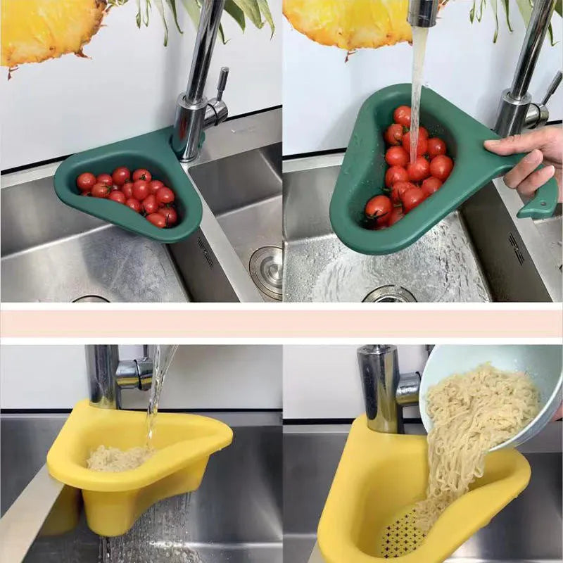 Yellow hanging swan drain basket made of plastic, fitted on a kitchen sink edge with space for vegetables and utensils