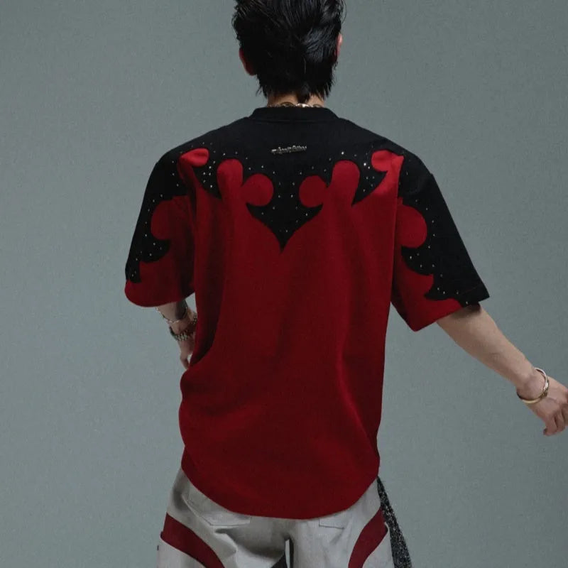 Men's heavy cotton T-shirt with 3D burnt flower rhinestone embroidery on red fabric
