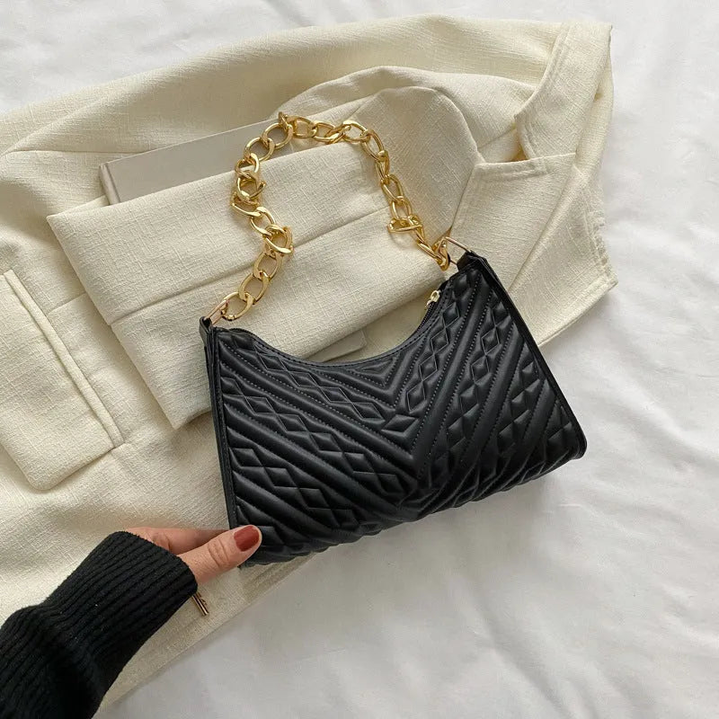 PU leather pleated chain baguette bag in vertical square shape with shoulder strap and carry handle