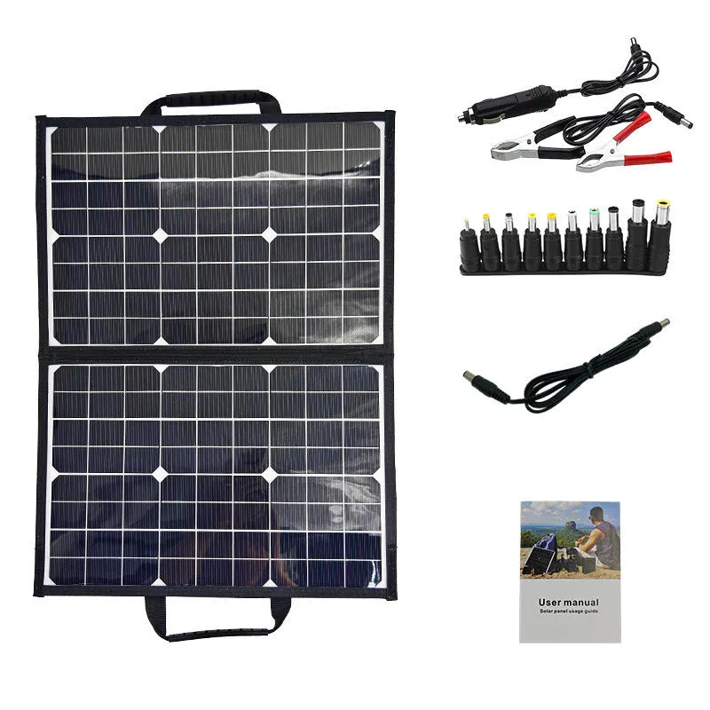 Black folding bag portable solar charger with 40W single crystal panel, shown folded to 425x285x8mm size.