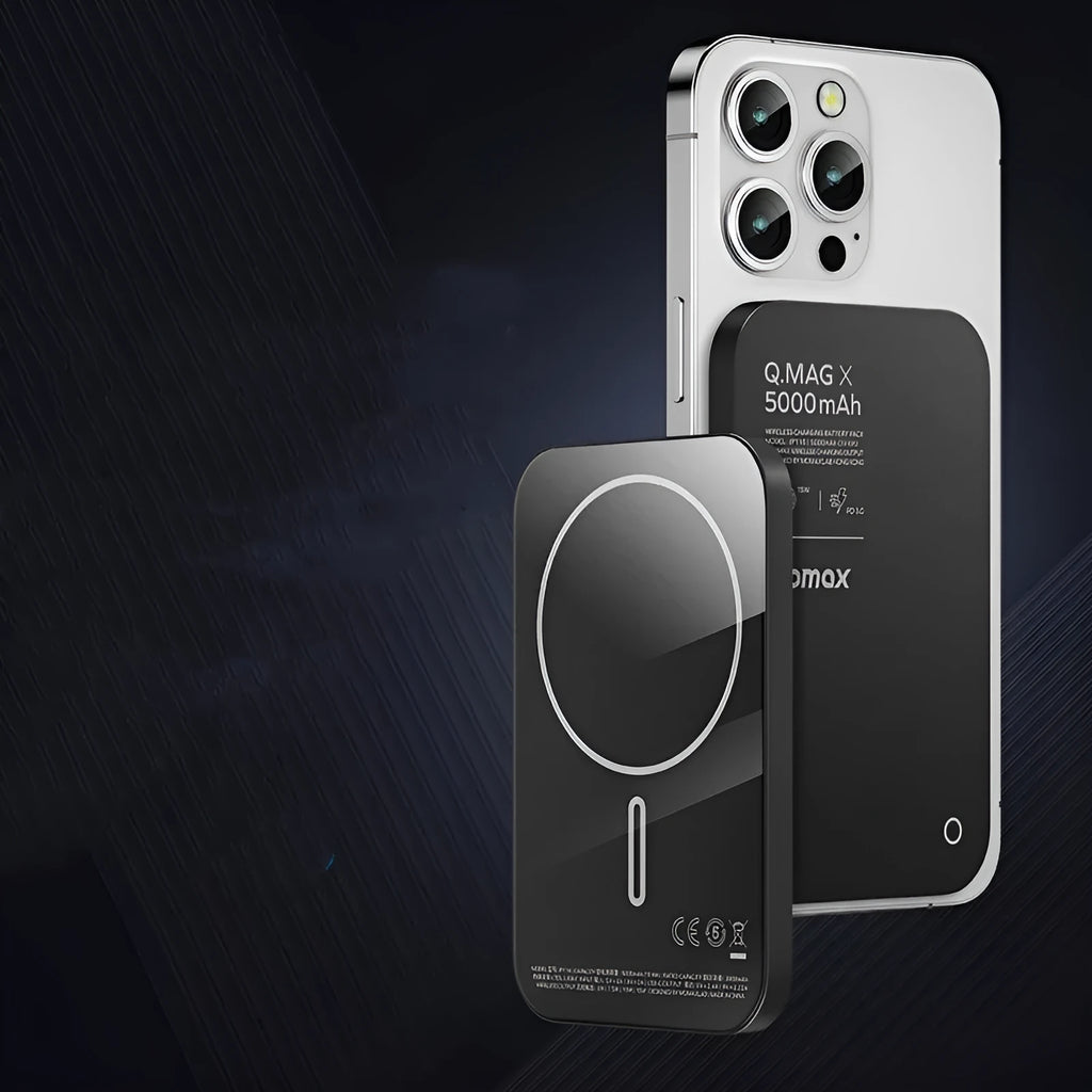 Magnetic wireless power bank with alloy shell in titanium gold or black colour.