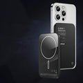 Magnetic wireless power bank with alloy shell in titanium gold or black colour.