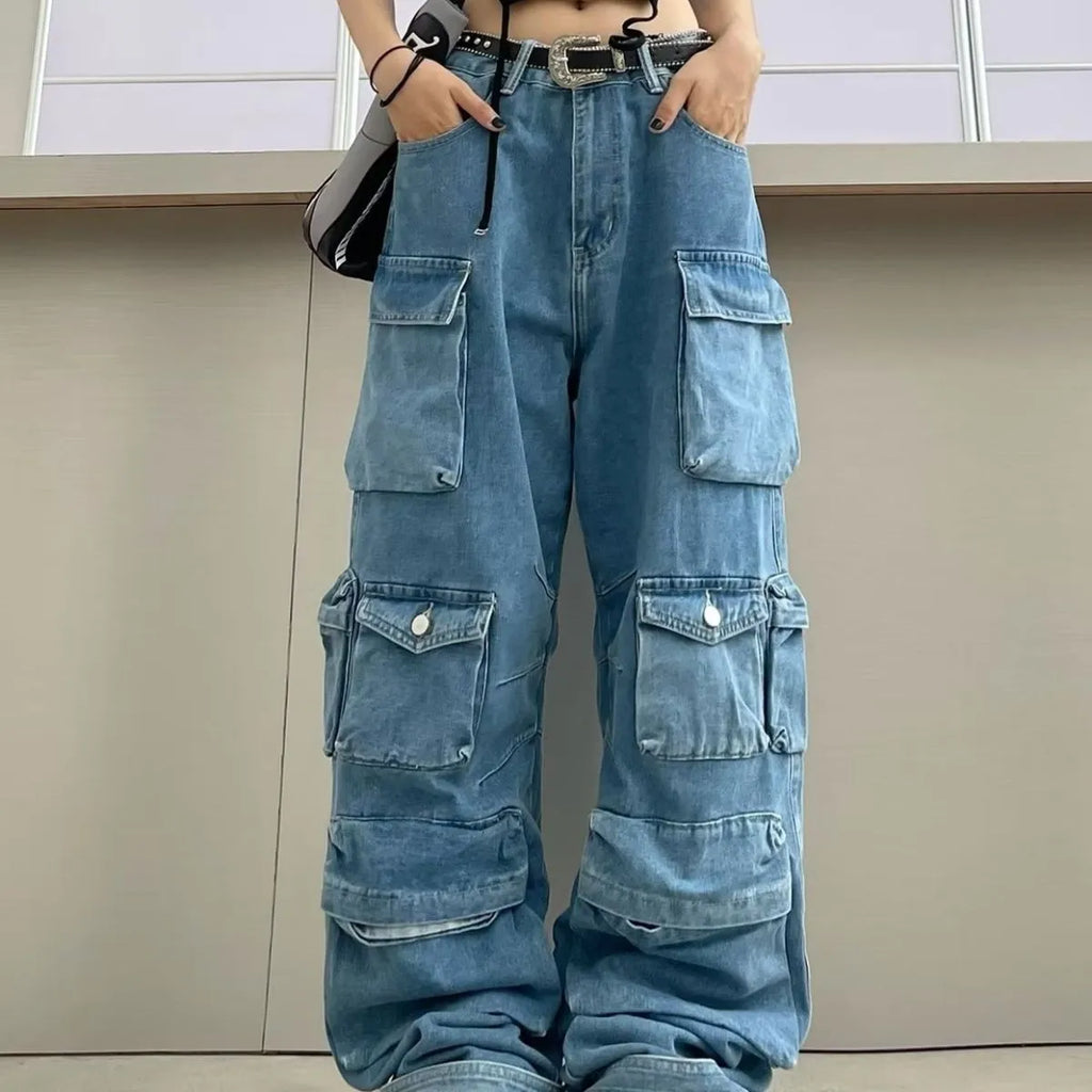 High waist wide leg denim trousers with multi-pocket street hipster design in blue colour