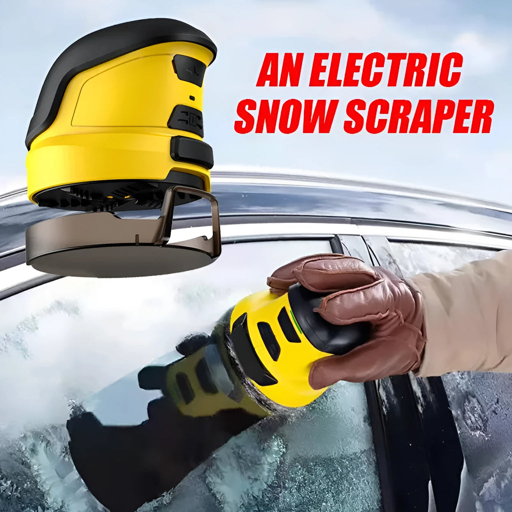 Yellow cordless electric ice scraper for car windshields with USB charging cable