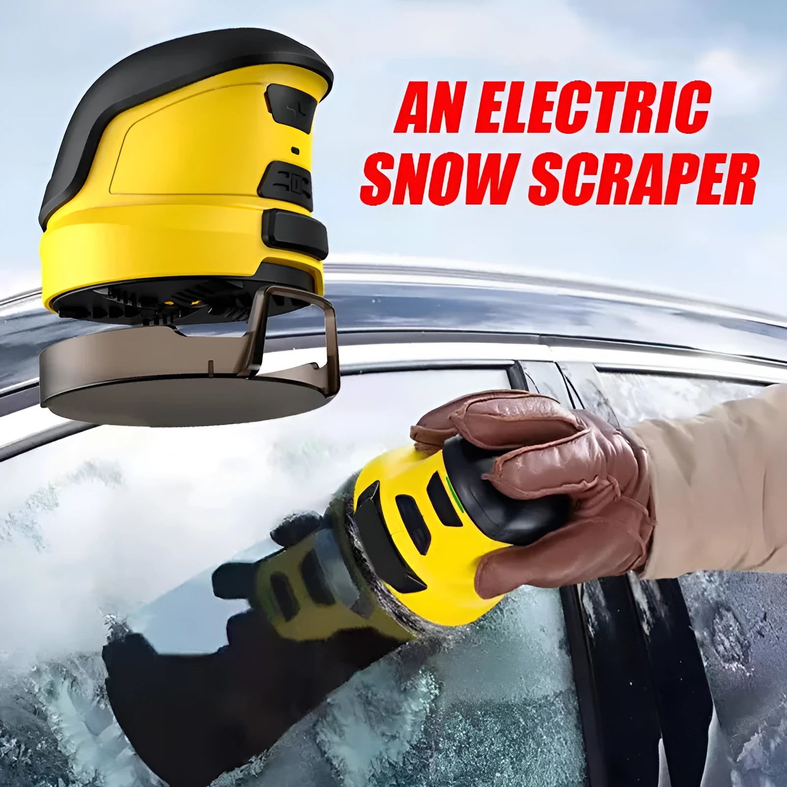 Yellow cordless electric ice scraper for car windshields with USB charging cable