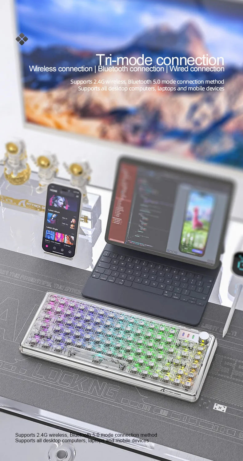 Attack Shark K75RGB transparent wireless mechanical keyboard with RGB lighting showing through PC case