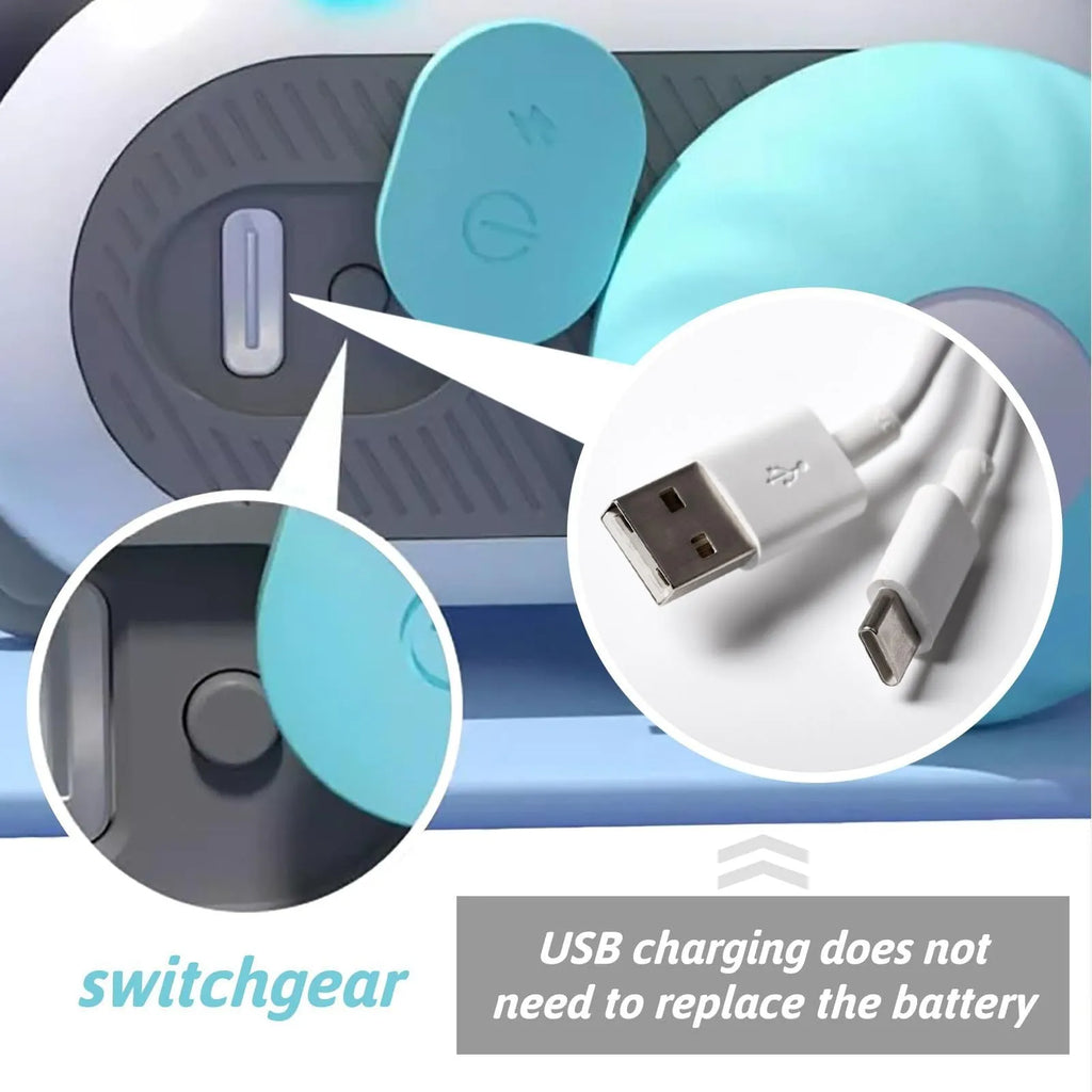 Smart cat toy car with remote control in blue colour showing feather teaser attachment and USB charging port