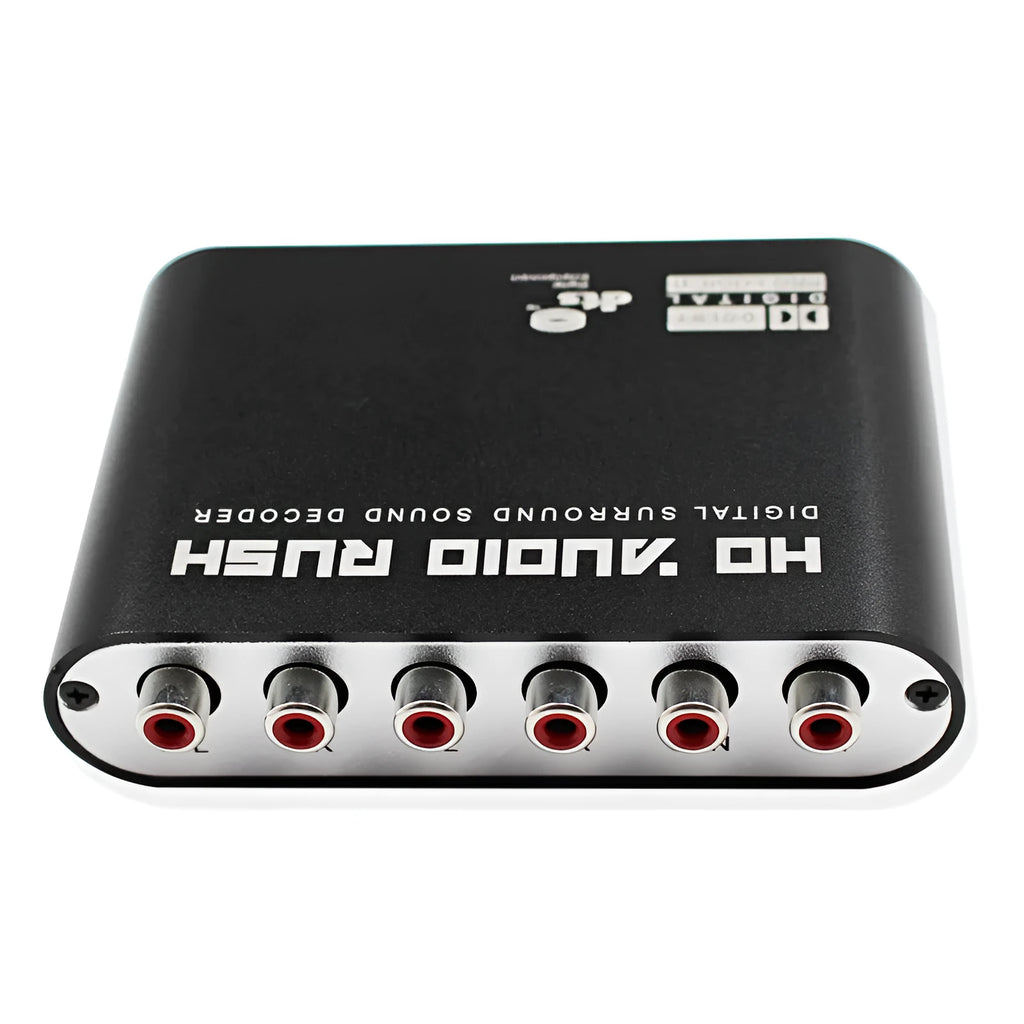 Black DTS Dolby Digital audio decoder with optical, coaxial, and stereo input ports on the rear panel.