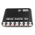 Black DTS Dolby Digital audio decoder with optical, coaxial, and stereo input ports on the rear panel.