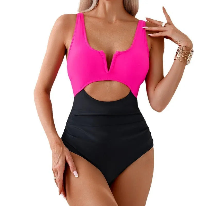 Women's colour block contrast one-piece swimsuit in nylon fabric