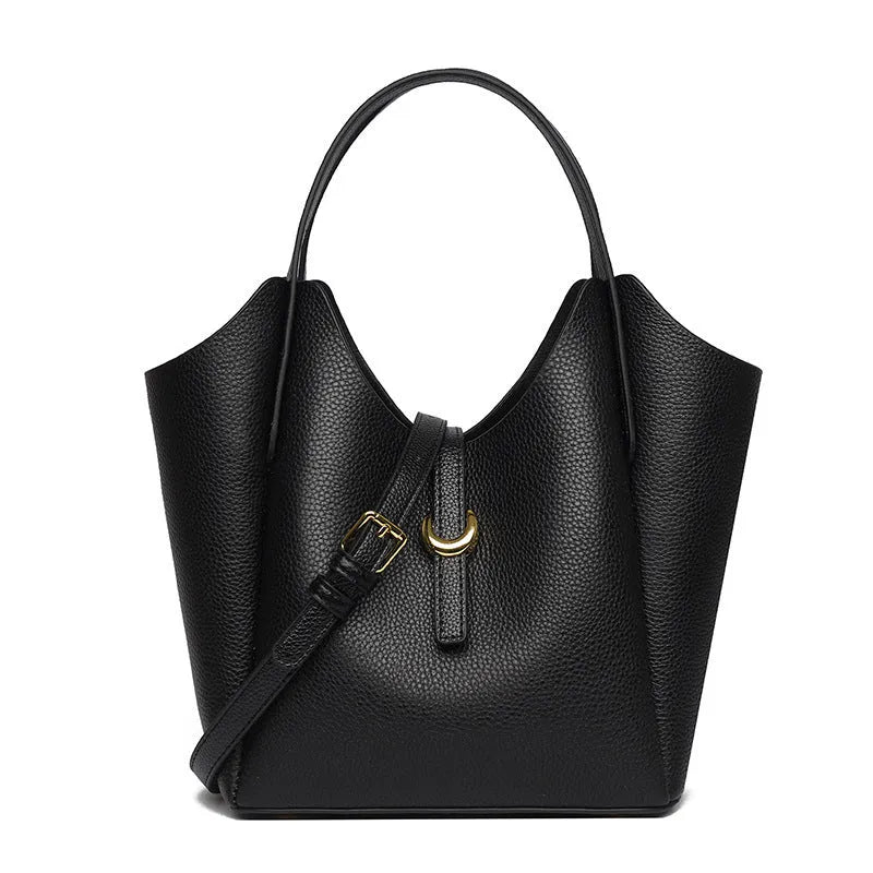 Genuine leather women's hand holding bucket bag in retro style with large capacity