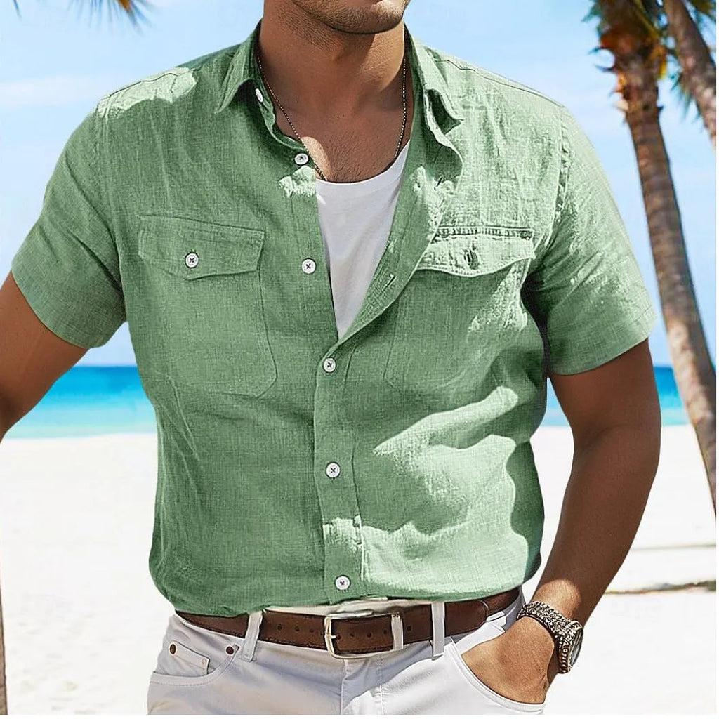 Men's grey cotton linen summer shirt with polo collar and long sleeves in loose cardigan style