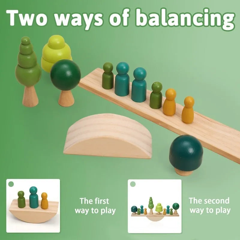 Children's solid wood forest balance seesaw toy set with coloured building blocks and threading animal figures
