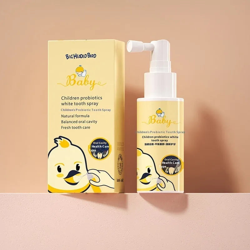 Children's probiotic teeth cleaning spray in 40ml bottle with strawberry and orange flavour options