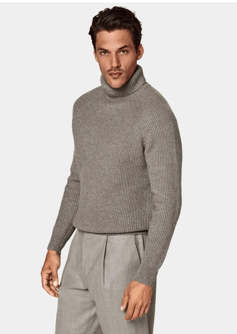 Men's 100% cashmere high-neck knitted sweater in oatmeal colour, long sleeves, front view