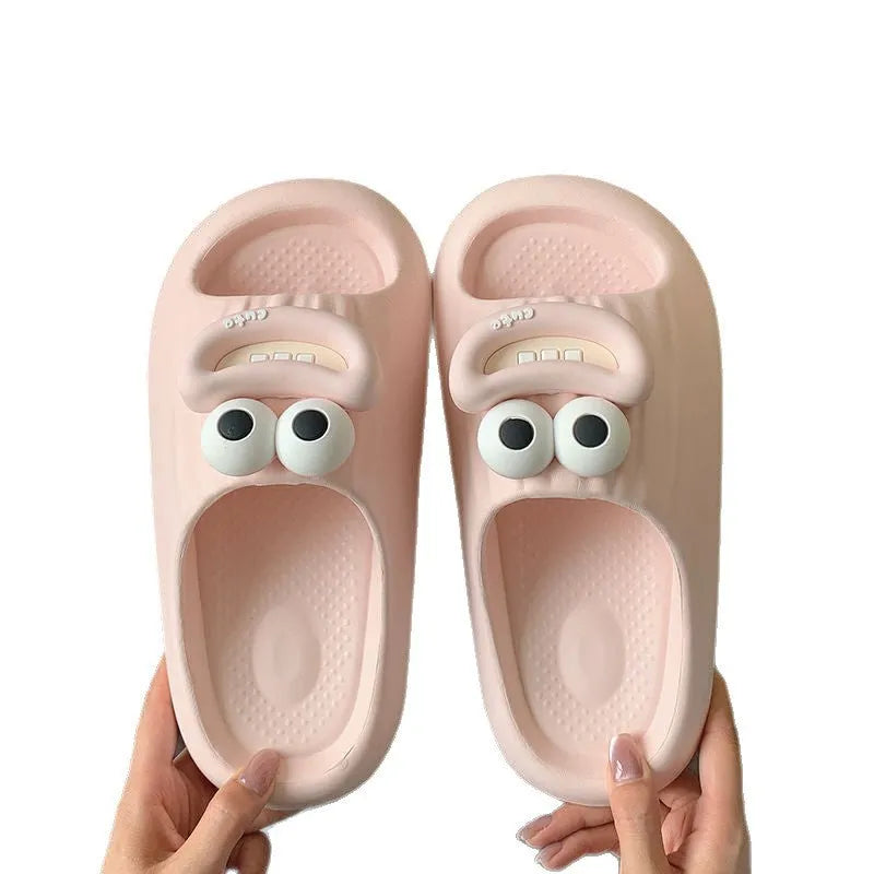 Sausage mouth slippers in light blue with soft EVA sole on wooden floor, indoor household use