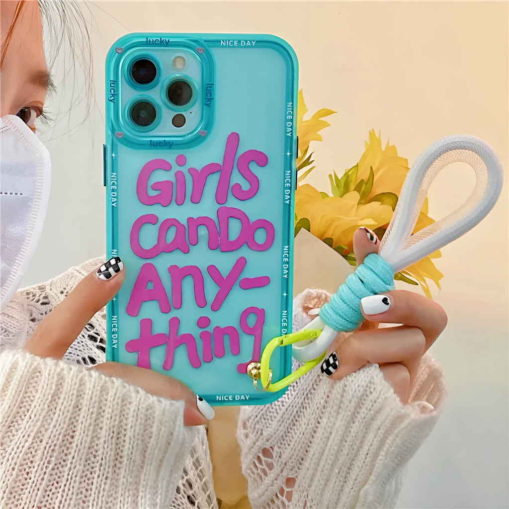 Mint green TPU phone case with painted blue-haired girl graffiti art and attached fabric lanyard for Apple iPhone.