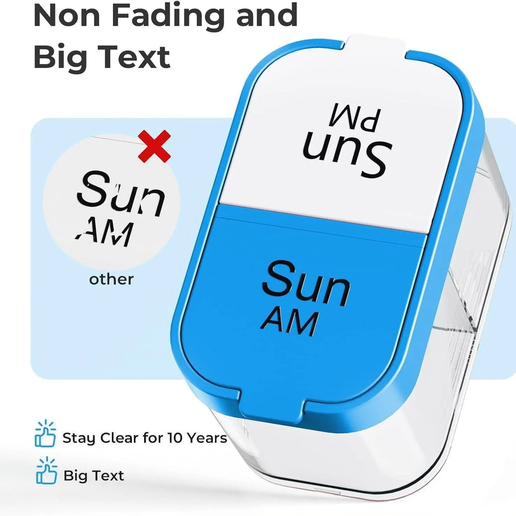 Portable 14-compartment pill box dispenser with removable sections in white or rainbow colours