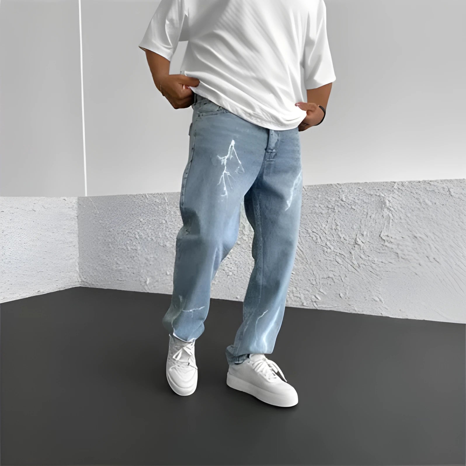 Men's straight-leg denim jeans in medium wash blue with zipper fly and mid-waist design