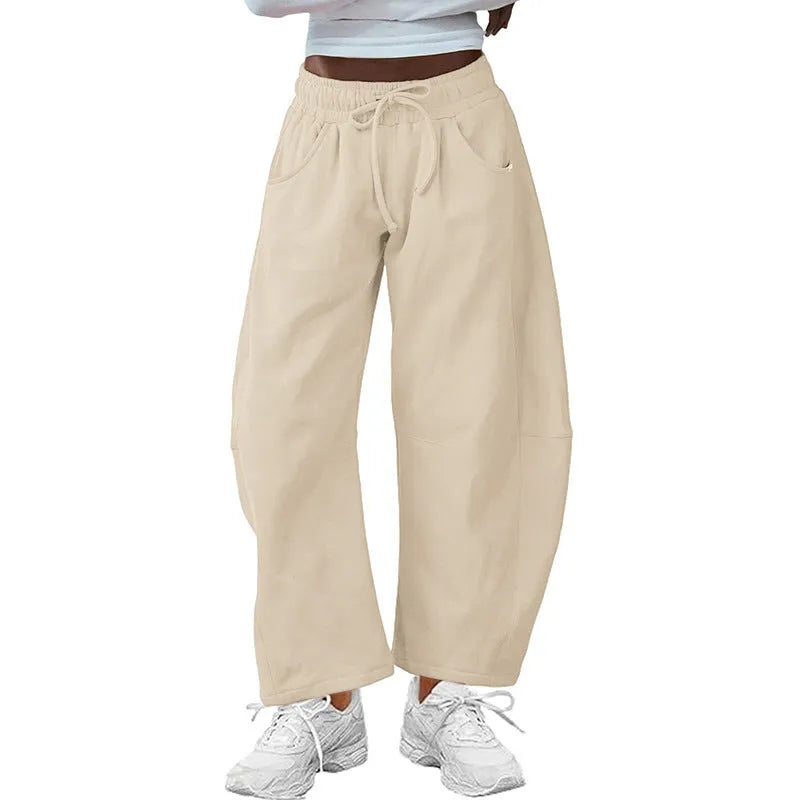 Cotton loose cropped sweatpants with elastic waist in seven colour options including apricot and army green