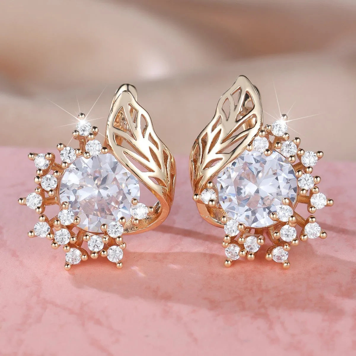 Round flower feather design zircon earrings in electroplated champagne gold with coloured stone options