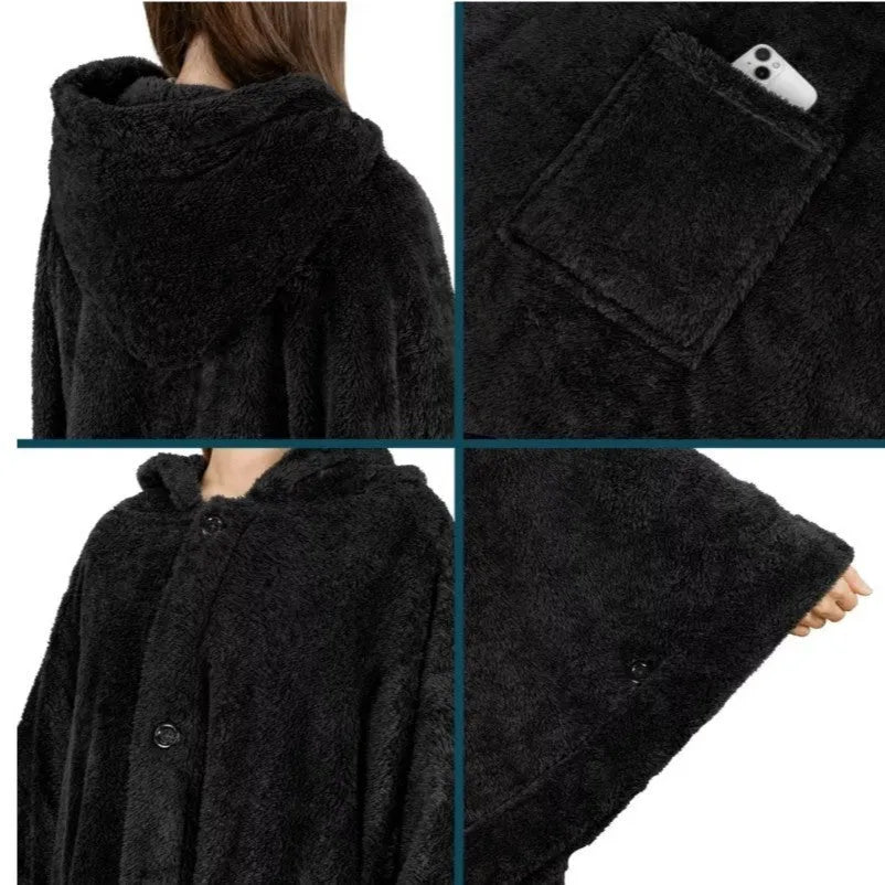 Super thick hooded polyester bathrobe in cardigan style with long sleeves