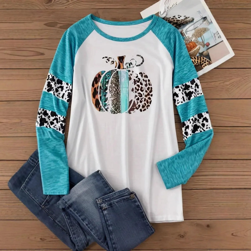 Sky blue Halloween pumpkin 3D printed casual T-shirt with long sleeves