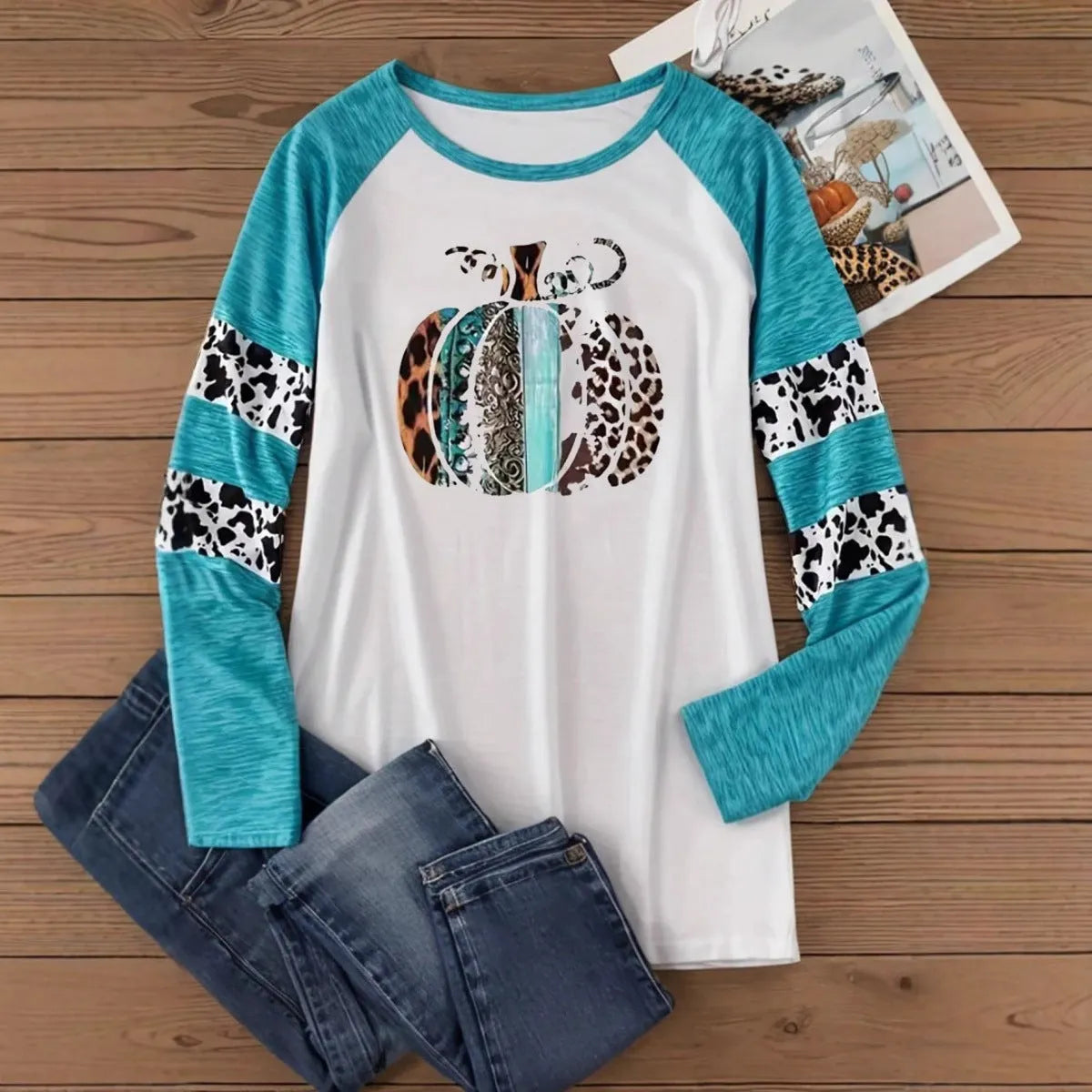 Sky blue Halloween pumpkin 3D printed casual T-shirt with long sleeves