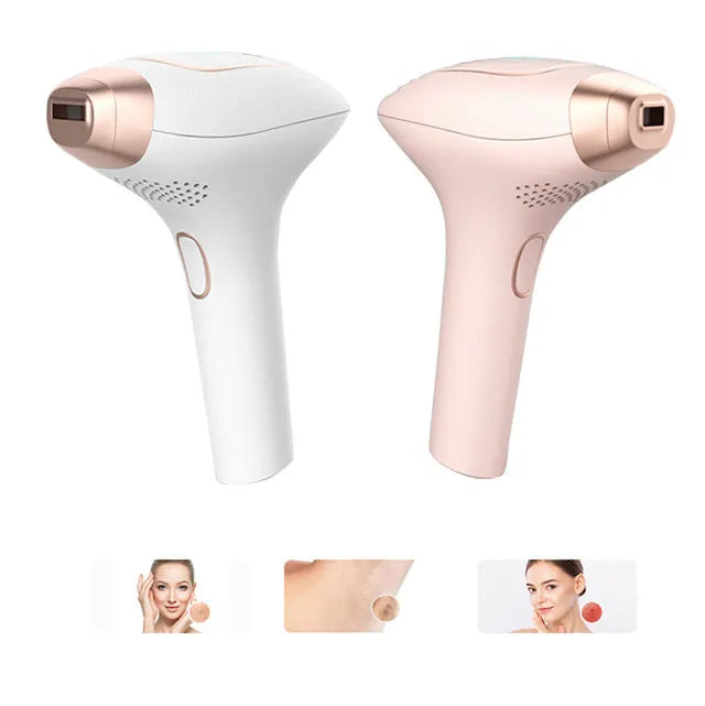 Three-in-one ice-sensing laser hair removal device in pink or white with shaver attachment and accessories