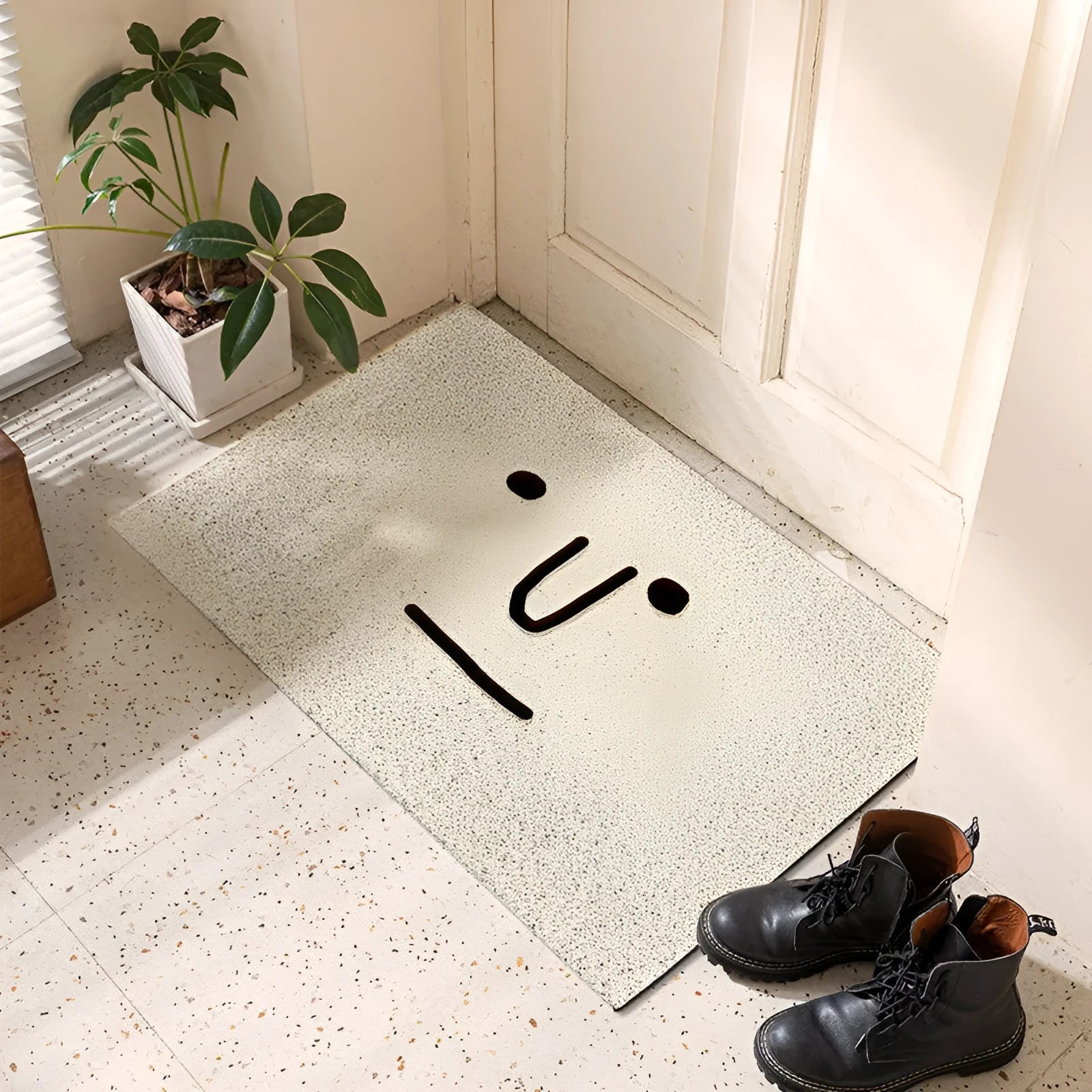 Square PVC floor mat featuring a cartoon Mr. Big Nose geometric pattern in multiple size options.
