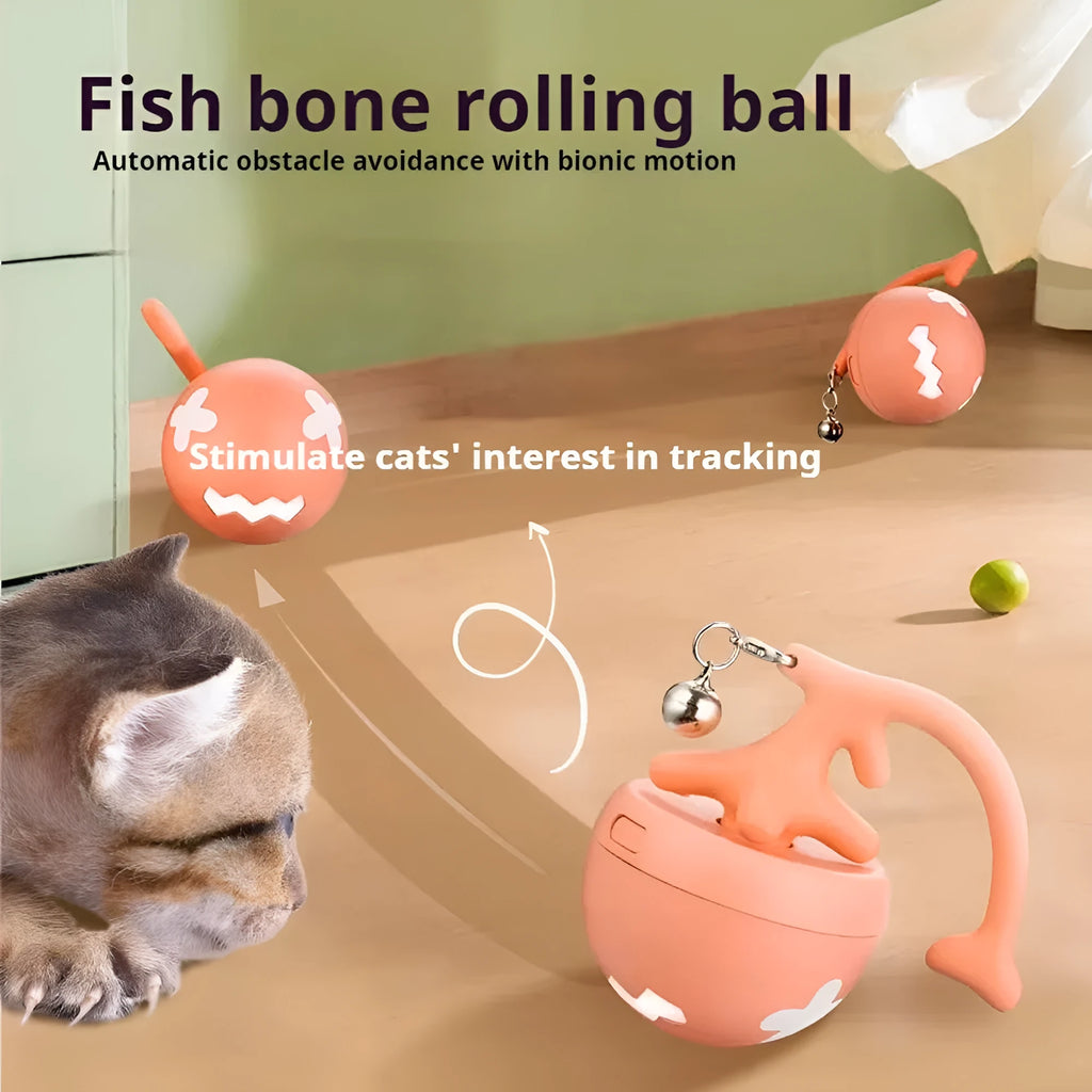 USB electric cat teasing ball with fish bone-shaped roller and replaceable teasing stick in blue, pink, and yellow colours