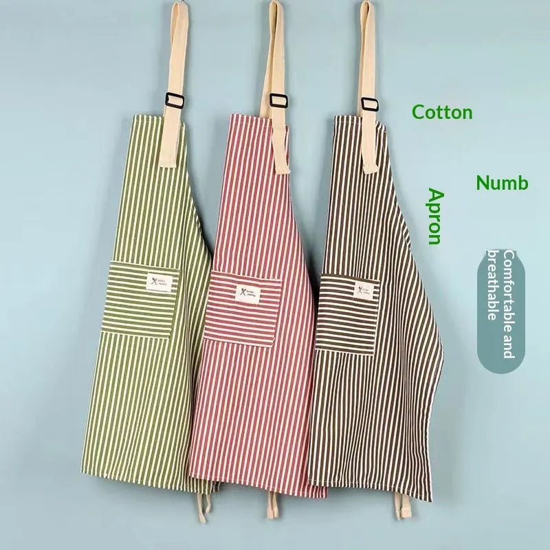 Linen stripe apron in blue, breathable kitchen apron for household chores, one size