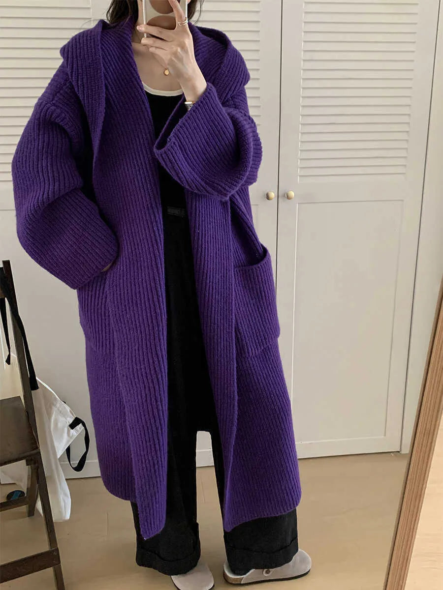 Loose hooded sweatshirt cardigan coat with raglan sleeves in acrylic fibre