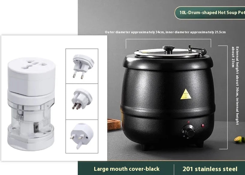 Black stainless steel insulated soup pot with steel lid and electric cord, showing large mouth opening.