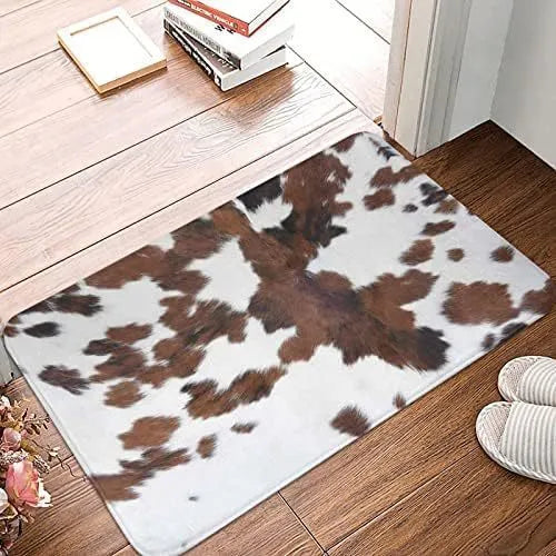 Personalised flannel floor mat showing coastal starfish and brown cow print options in square shape.