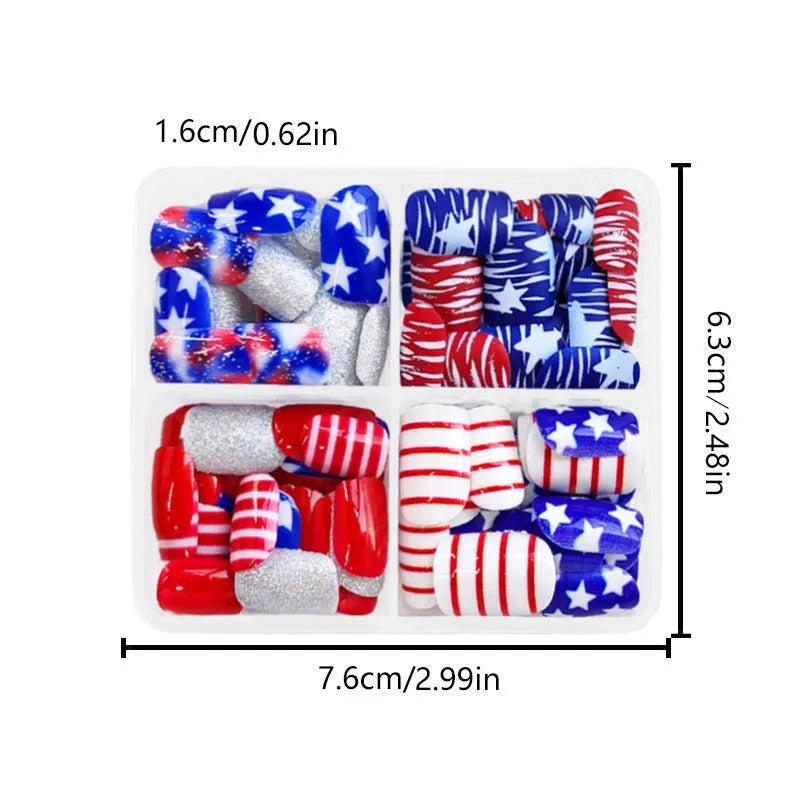 Finished nail tips with glitter red and blue multicolor Independence Day pattern