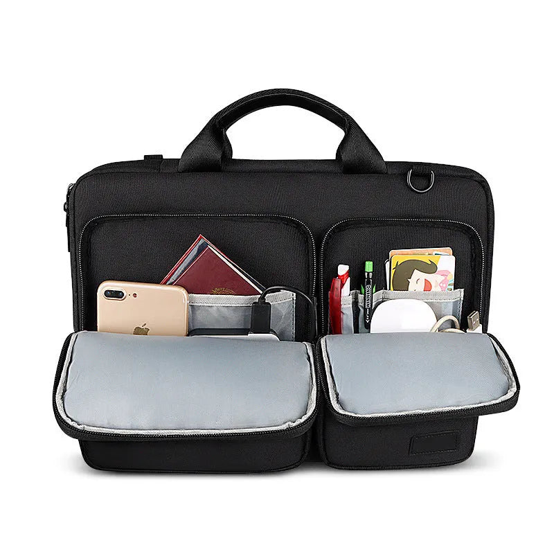 Shock proof shoulder laptop bag in solid colour with polyester shell and zipper closure