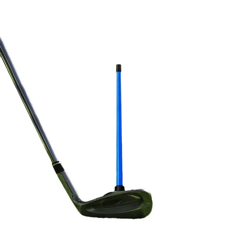 Red aluminium golf swing trainer with magnetic baseball bar alignment system attached to golf club