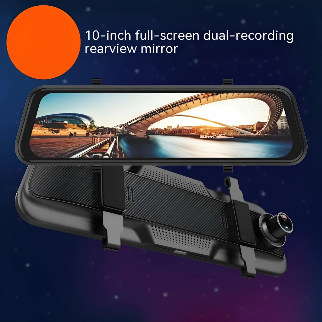 Black rearview mirror driving recorder with large touchscreen display mounted in a car