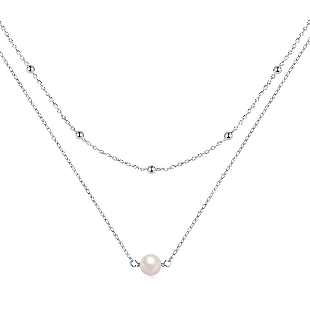 S925 sterling silver double layer twin pearl necklace in geometric design with ball bead chain
