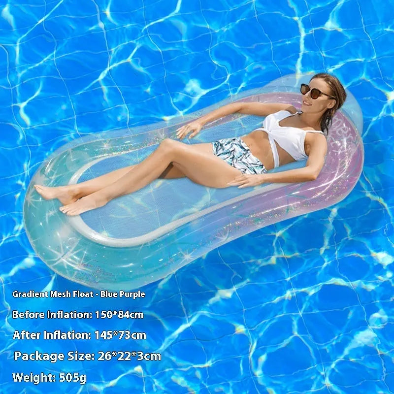 PVC thick sequins inflatable floating row pool lounger in gradient colour with canopy