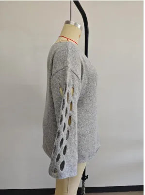 Women's solid colour hollow-out long sleeve round neck pullover sweater in gray, plus size