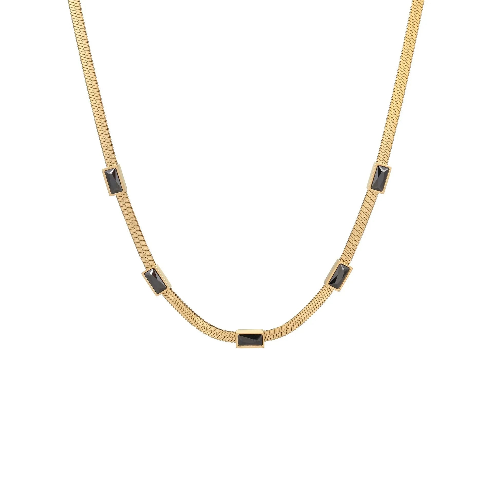 Geometric square zircon pendant on a flat stainless steel snake chain necklace in a gold colour finish.