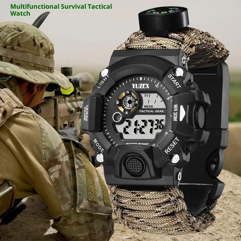 Multifunctional survival bracelet watch with parachute cord strap, firestone, whistle, and compass on a wrist in outdoor setting