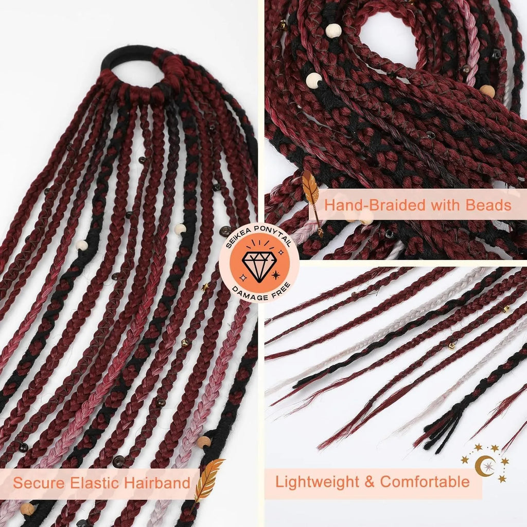 Braided ponytail hair extension with lock beads in dark brown colour, 24 inch length high temperature fibre