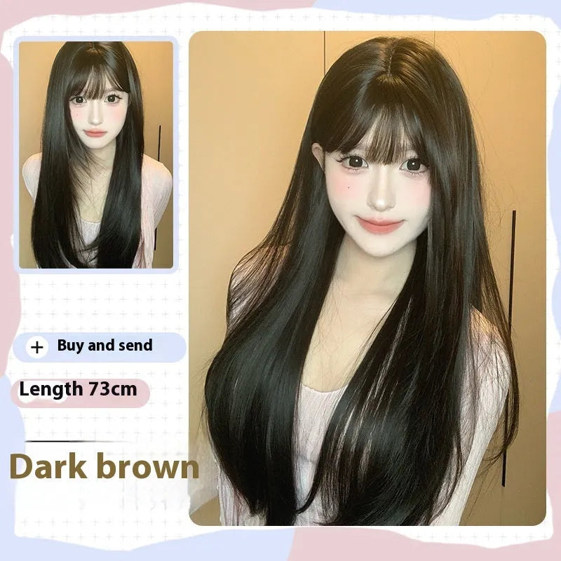 Dark brown long straight women's wig with bangs on wig head
