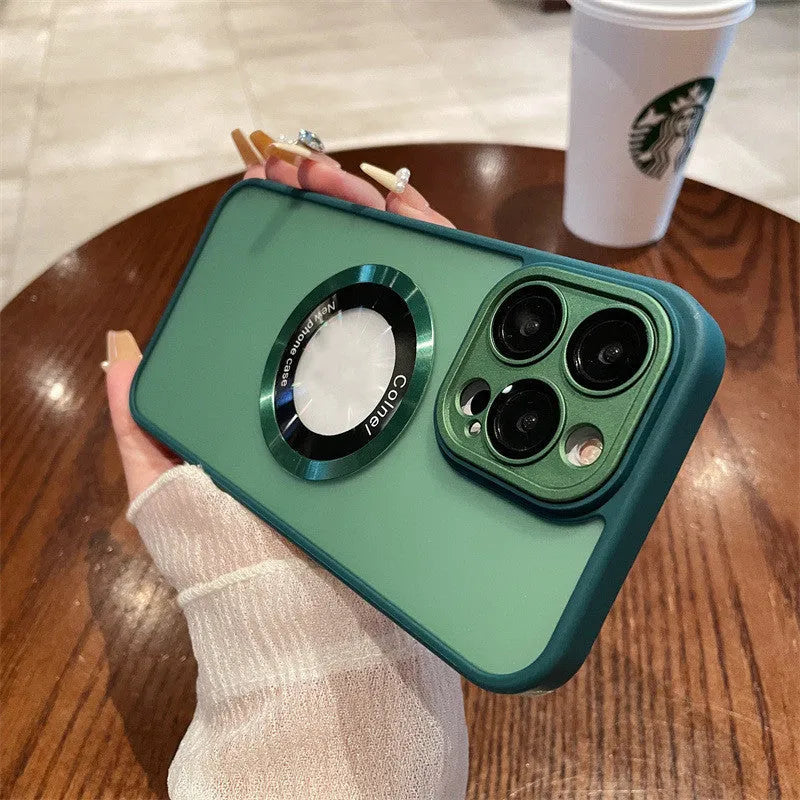 Magnetic frosted PC phone case for iPhone 15 series in blue colour showing shockproof protective sleeve design