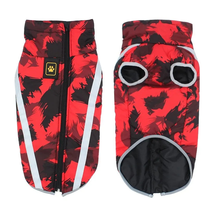 Reflective thick-shell dog jacket in geometric blue, red, or graffiti patterns for XL to 6XL sized pets