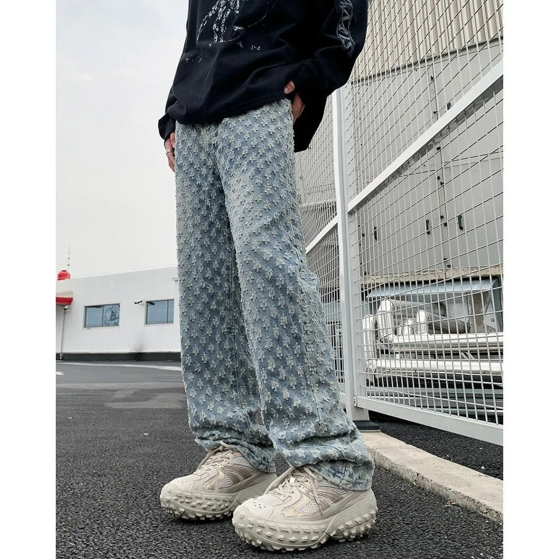 Men's jacquard full-print denim jeans in black, mid-rise button fly, streetwear casual trousers