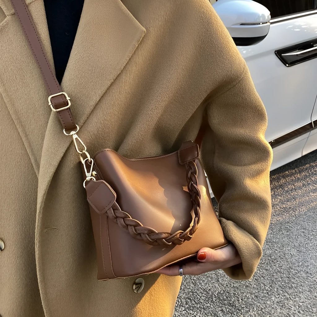 Retro woven pattern crossbody bucket bag with adjustable strap in khaki colour